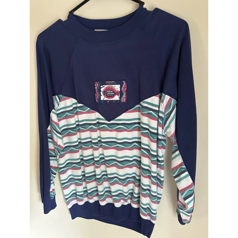 Vintage Gina Peters Navy Blue Southwestern Striped Fish Graphic Sweatshirt Men M